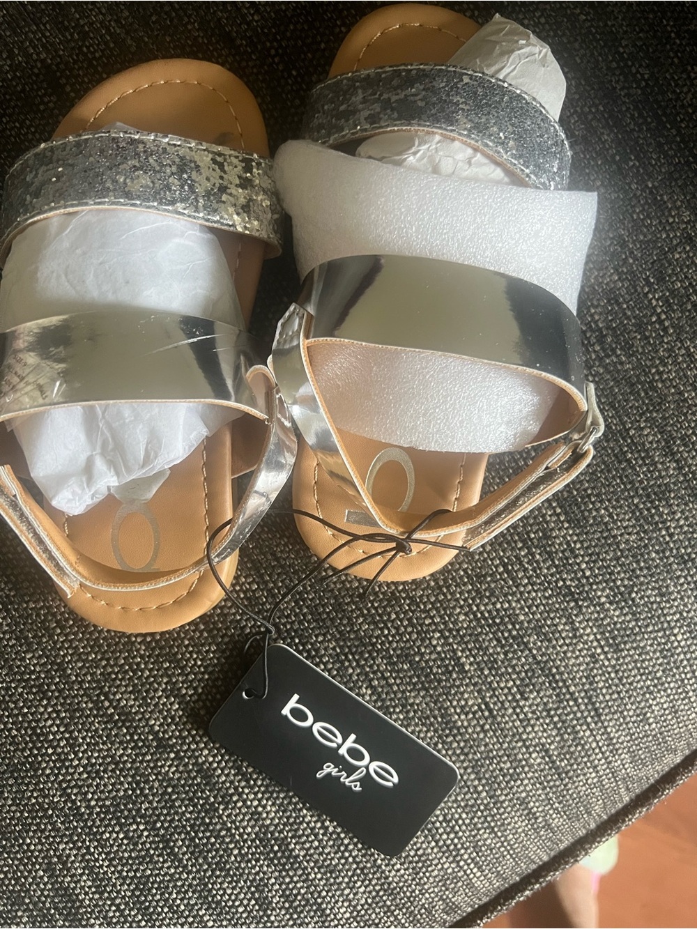 bebe Girls Silver Metallic Glitter Strap Sandals